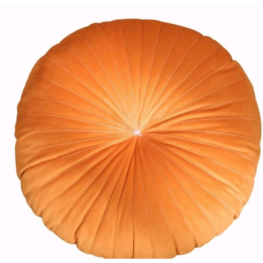 Set Of 3 Velvet 15" Round Pumpkin Sofa Throw Pleated Pillow Orange White Thread
